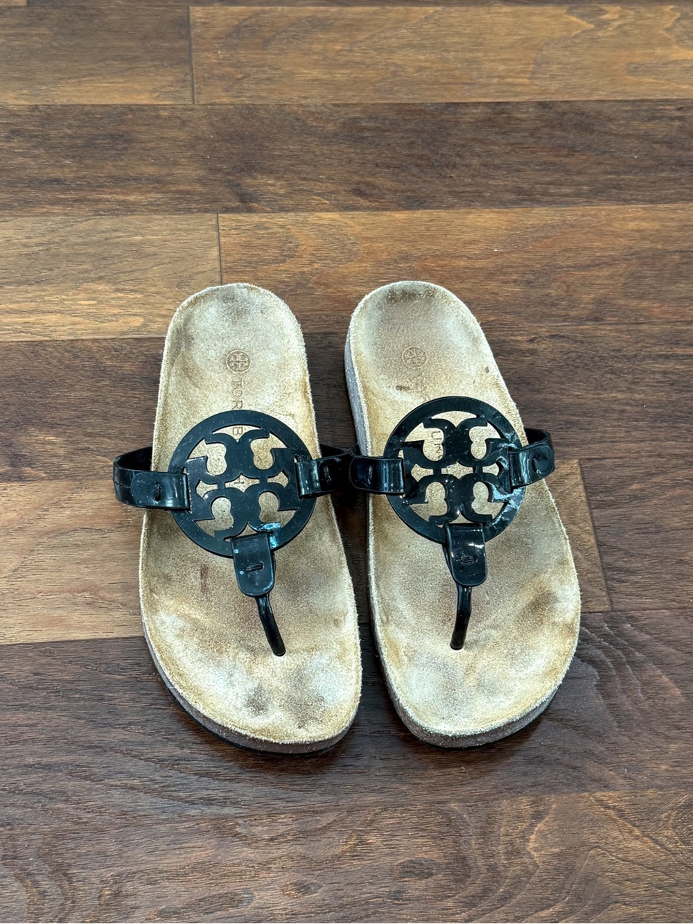 Tory Burch Miller Cloud Sandal Black Patent Leather Cork Footbed Size 6 M